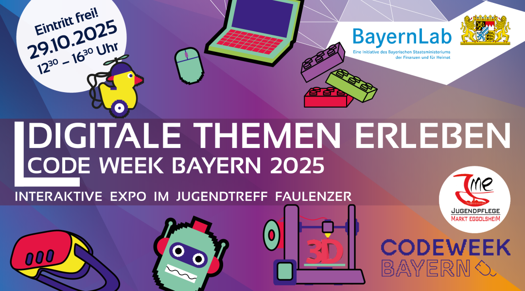 Veranstaltungsgraphik zur Code Week Bayern 2025 Veranstaltungsgraphik zur Code Week Bayern 2025 - BayernLab Forchheim on Tour. Bunter Hintergrund mit verschiedenen bunten Aufklebern im Codeweek Design, sehr einfach und bunt. Zu sehen ist ein Laptop mit Maus, eine Roboter Ente, ein Hüpfer-Roboter, Lego Steine, ein 3D-Drucker, eine VR-Brille und ein Roboterkopf. In einem Kreis steht der Text